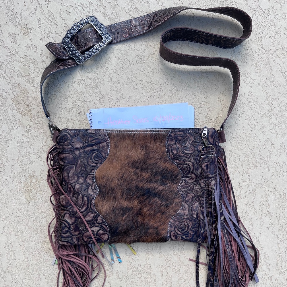 Dancing Cactus Designs Cowhide Crossbody Purse with Buckle Strap